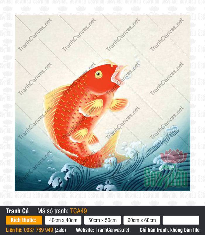 Bức Tranh Cá Chép TCA49 phác họa dáng cá đỏ cam cuộn mình trên dải sóng xanh