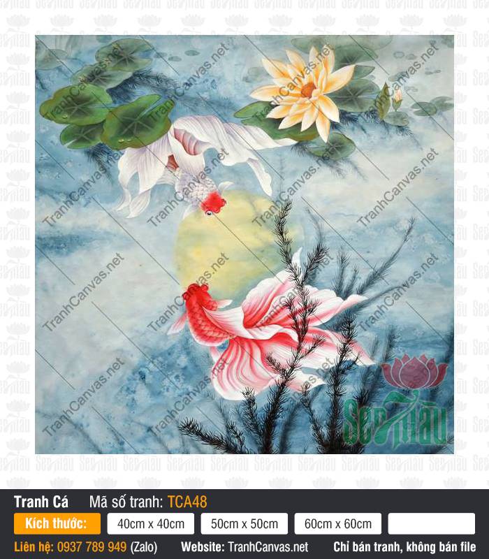 Tranh 2 Con Cá Đẹp TCA48 Tranh 2 con cá đẹp với làn vây dài mềm mại bơi bên hoa sen