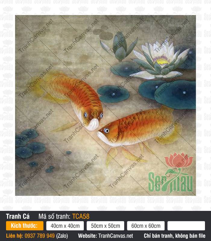 Tranh 2 Con Cá Rồng TCA58 Tranh 2 con cá rồng TCA58 sắc vàng cam bơi lội bên đóa hoa sen