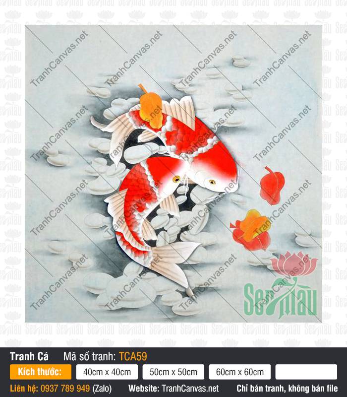 Tranh 2 Con Cá TCA59 Tranh 2 Con Cá phác họa đôi cá chép đỏ bơi uốn lượn trên nền sỏi trắng