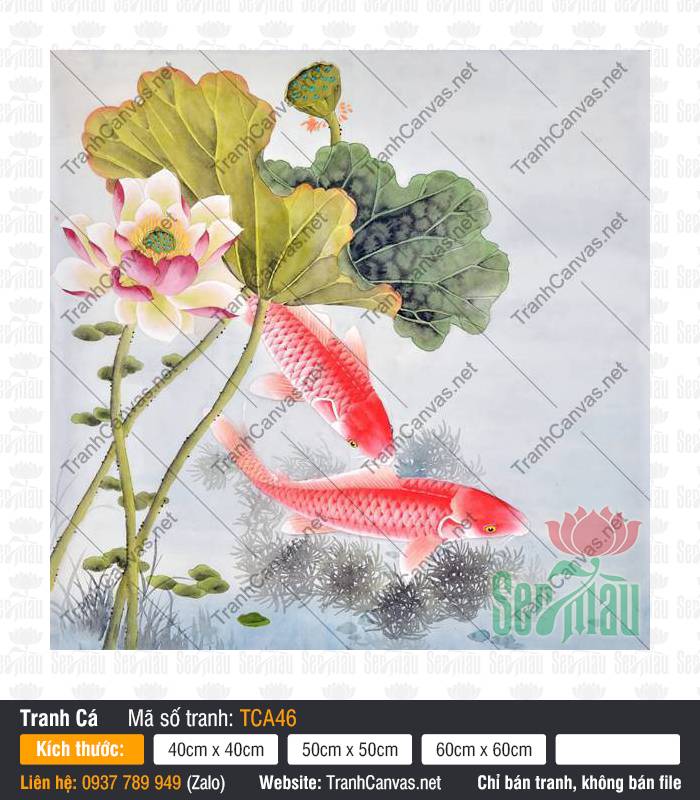 Tranh Cá Chép Đẹp TCA46 Bức Tranh Cá Chép Đẹp với đôi cá đỏ hồng bơi uyển chuyển dưới lá sen