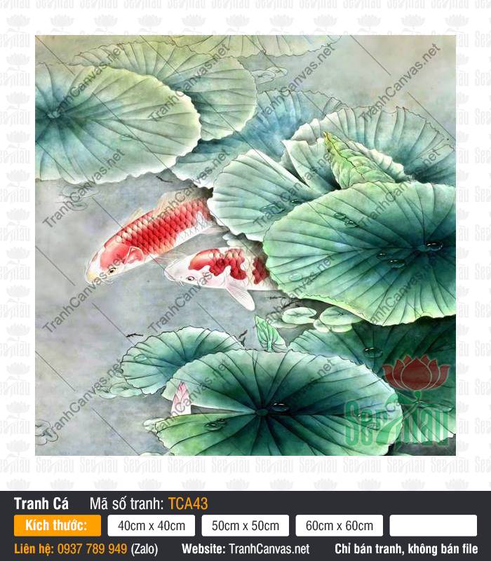 Tranh Cá Chép TCA43 Tranh cá chép TCA43 vẽ đôi cá koi uốn lượn dưới tán lá sen xanh mướt