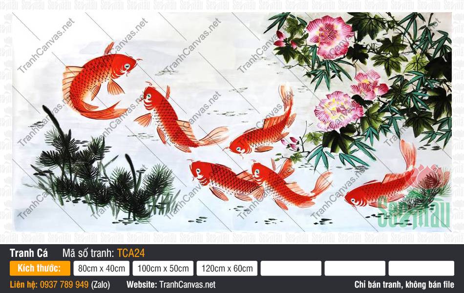 Tranh Canvas Cá Chép TCA24 Tranh Canvas Cá Chép đàn cá đỏ uốn lượn bên cành tùng xanh và khóm hoa