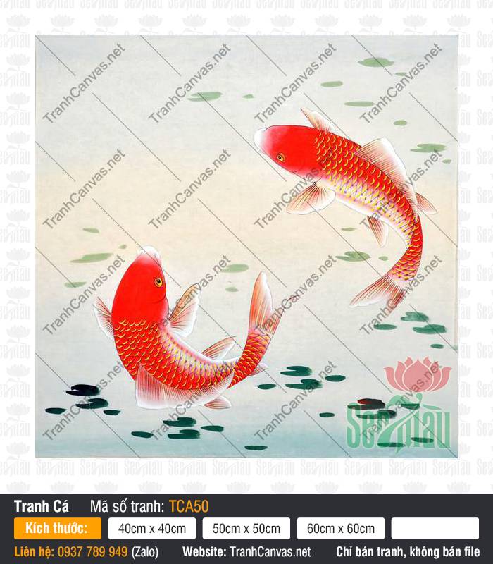 Tranh Canvas Cá Chép TCA50 Tranh Canvas Cá Chép TCA50 phác họa đôi cá đỏ cam uốn lượn cùng bèo xanh