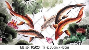 Bức Tranh Cá Chép TCA23, dáng cá chép uốn lượn bên hoa sen