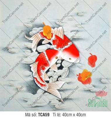 Tranh 2 Con Cá TCA59, vũ điệu đôi cá chép đỏ trên lòng sỏi