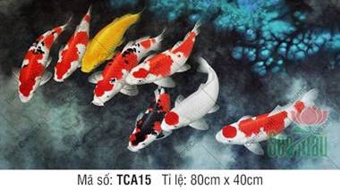 Tranh Cá Chép Đẹp TCA15, vũ điệu cá Koi trên nền nước thẫm