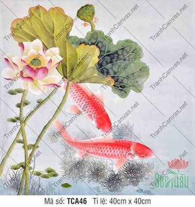 Tranh Cá Chép Đẹp TCA46, sắc cá đỏ hồng dưới cành sen