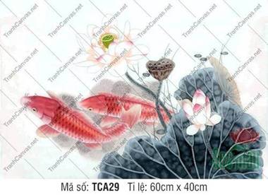 Tranh Cá Chép Phong Thủy Đẹp TCA29, Vẻ Đẹp Thủy Mặc Hoa Sen