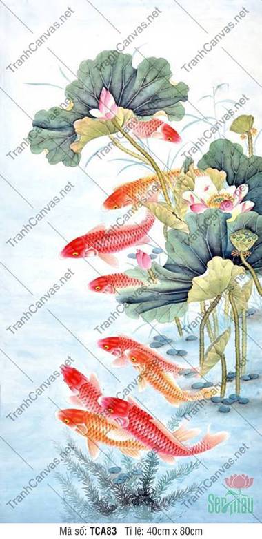 Tranh Cá Chép Quần Hội TCA83, cửu ngư vờn nét sen thanh nhã Tranh Cá Chép Quần Hội TCA83, cửu ngư vờn nét sen thanh nhã
