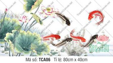 Tranh Cá Chép TCA06, Đàn Cá Uốn Lượn Bên Khóm Sen Xanh