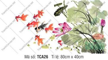 Tranh Cá Đẹp TCA26, Đàn Cá Vàng Bơi Lội Bên Sen Hồng