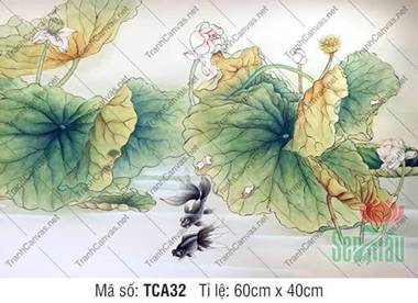 Tranh Cá và Hoa Sen TCA32, nét vẽ thủy mặc mềm mại