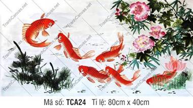 Tranh Canvas Cá Chép TCA24, Nét Vẽ Thủy Mặc Đàn Cá Đỏ
