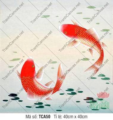 Tranh Canvas Cá Chép TCA50, Đôi Cá Đỏ Cam Vờn Sóng Nước