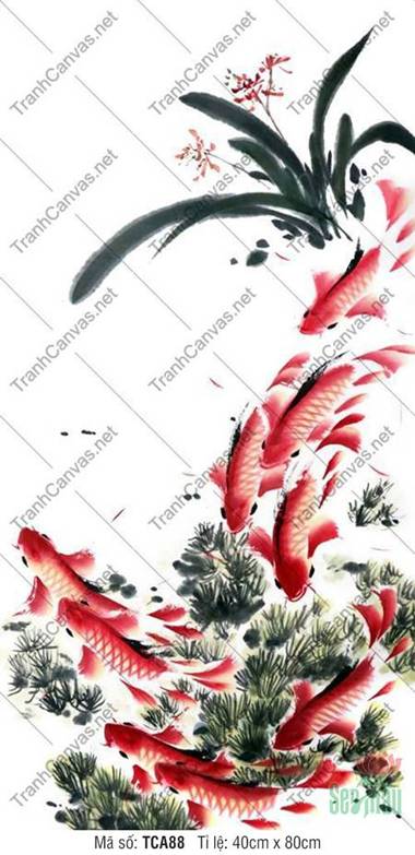 Tranh Canvas Cá Chép TCA88, nét thủy mặc đàn cá vờn hoa lan Tranh Canvas Cá Chép TCA88, nét thủy mặc đàn cá vờn hoa lan