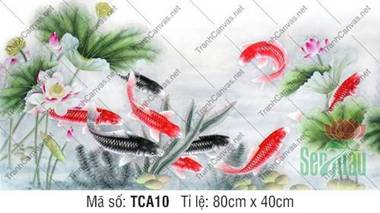 Tranh Cửu Ngư Phát Tài TCA10, vẻ đẹp cá chép và hoa sen hồng