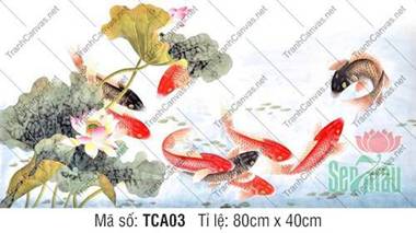 Tranh Cửu Ngư Quần Tụ TCA03, sắc thái thủy mặc chín cá chép
