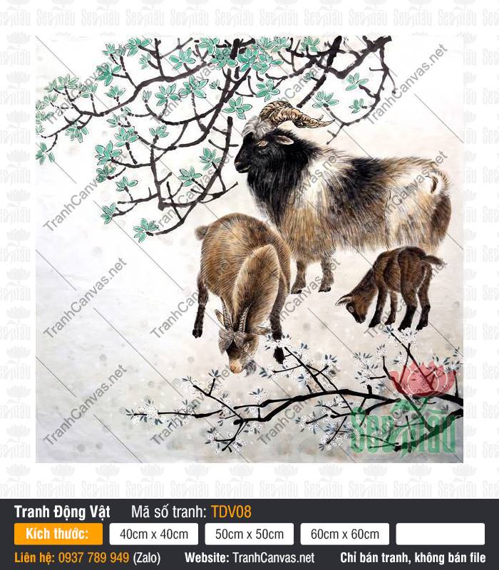 Bức Tranh 3 Con Dê TDV08 Bức Tranh 3 Con Dê TDV08 phác họa ba chú dê dưới cành lộc thủy mặc