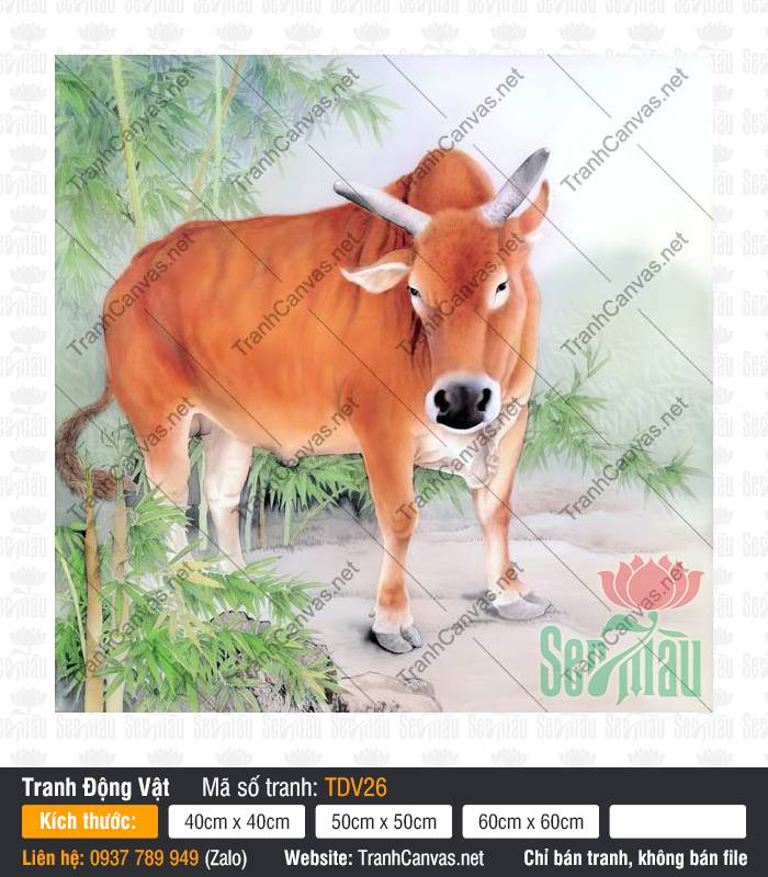 Tranh Con Bò TDV26 Tranh Con Bò TDV26 phác họa chú bò vàng vững chãi bên bụi trúc xanh