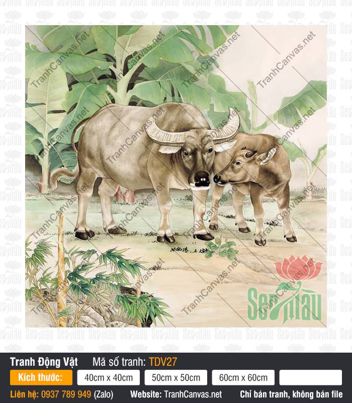 Tranh Con Trâu TDV27 Tranh Con Trâu TDV27 tả mẹ con trâu đứng bên tán lá chuối xanh