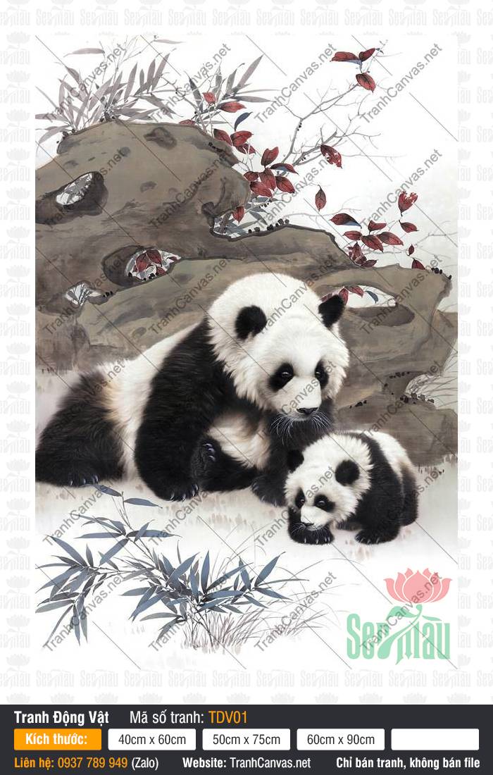 Tranh Gấu Trúc TDV01 Tranh Gấu Trúc TDV01 phác họa hình ảnh mẹ con gấu trúc bên khóm trúc xanh