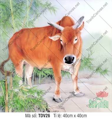 Tranh Con Bò TDV26, Nét Vẽ Bò Vàng Uy Nghi Bên Bụi Trúc Xanh