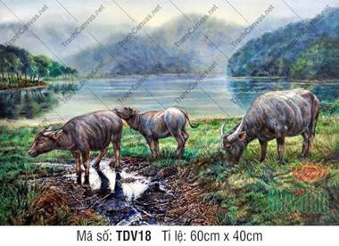 Tranh Con Trâu Đẹp TDV18, vẻ đẹp bình yên bên dòng sông xanh