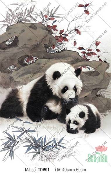 Tranh Gấu Trúc TDV01, Tình Mẹ Con Ấm Áp Bên Nhánh Trúc Xanh