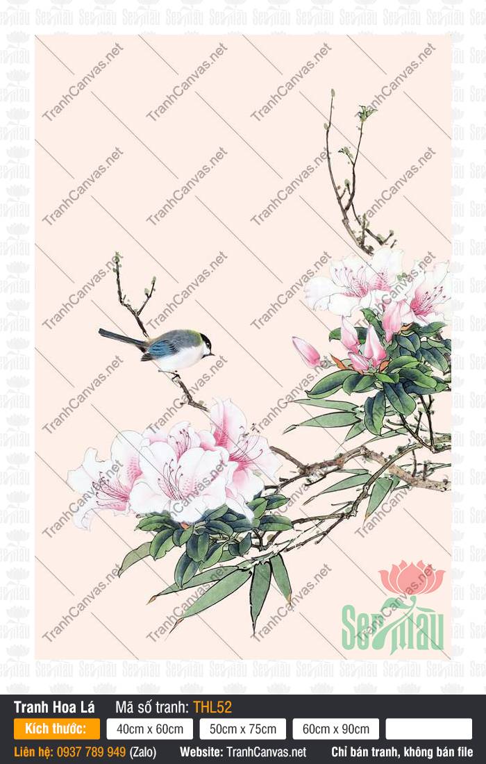 Tranh Chim Hoa THL52 Tranh chim hoa THL52 phác họa chú chim nhỏ đậu cành bên nhành hoa đỗ quyên hồng phấn