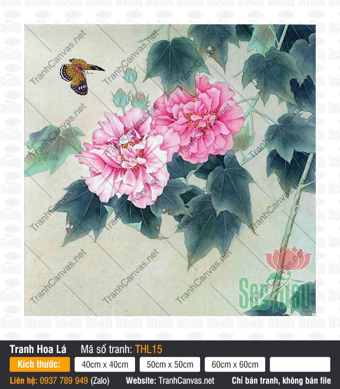 Tranh Hoa Bướm THL15 Tranh Hoa Bướm THL15 khắc họa đóa phù dung hồng nở rộ cùng cánh bướm vờn