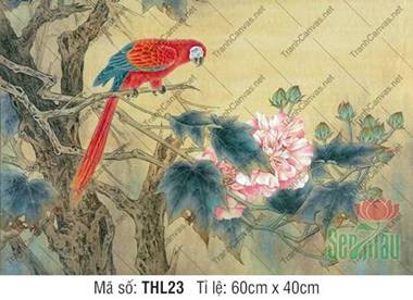 Tranh Chim Hoa THL23, nét vẽ vẹt đỏ bên đóa phù dung