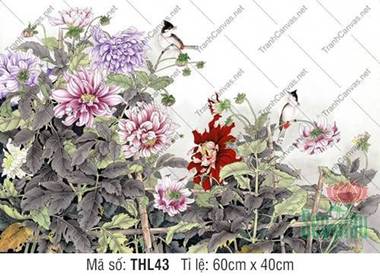 Tranh Chim Hoa THL43, vẻ đẹp rực rỡ của khóm hoa cúc đa sắc