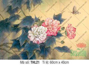 Tranh Hoa Bướm THL21, sắc hoa phù dung chuyển màu tinh tế