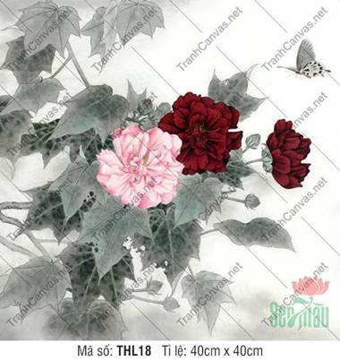 Tranh Hoa Cánh Bướm THL18, sắc phù dung đỏ hồng kiều diễm
