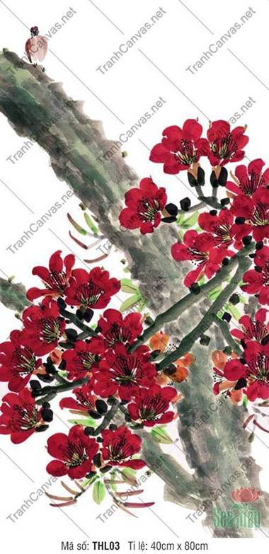 Tranh Hoa Đỏ Đẹp THL03, nét vẽ thủy mặc rực rỡ