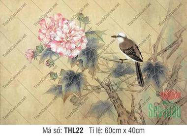 Tranh Hoa Và Chim THL22, sắc phù dung dịu dàng bên chú chim