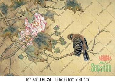 Tranh Hoa Và Chim THL24, sắc phù dung kiều diễm bên chim nhỏ