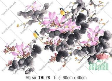 Tranh Hoa Và Chim THL28, phong cách thủy mặc hoa tím rực rỡ