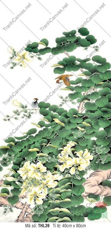 Tranh Hoa Và Chim THL39, vòm lá tròn bích ngọc và sắc hoa vàng