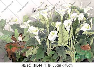 Tranh Hoa Và Chim THL44, vẻ đẹp hoa kèn trắng nổi bật