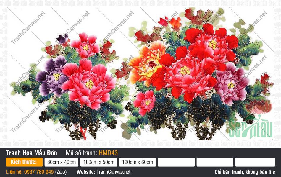 Tác phẩm Hình Hoa Mẫu Đơn May Mắn HMD43 sắc đỏ tím nhị vàng rực rỡ