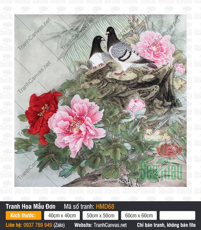 Hình Hoa Mẫu Đơn May Mắn HMD68 Hình Hoa Mẫu Đơn May Mắn HMD68 với đôi bồ câu đậu trên mỏm đá