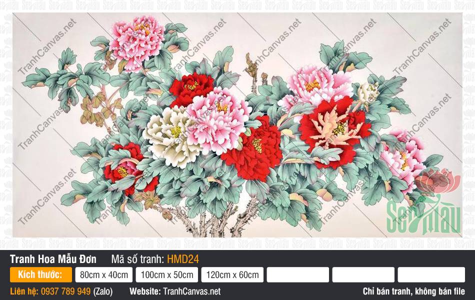 Mẫu tranh hoa mẫu đơn HMD24 phác họa khóm hoa đỏ hồng bên cành gỗ