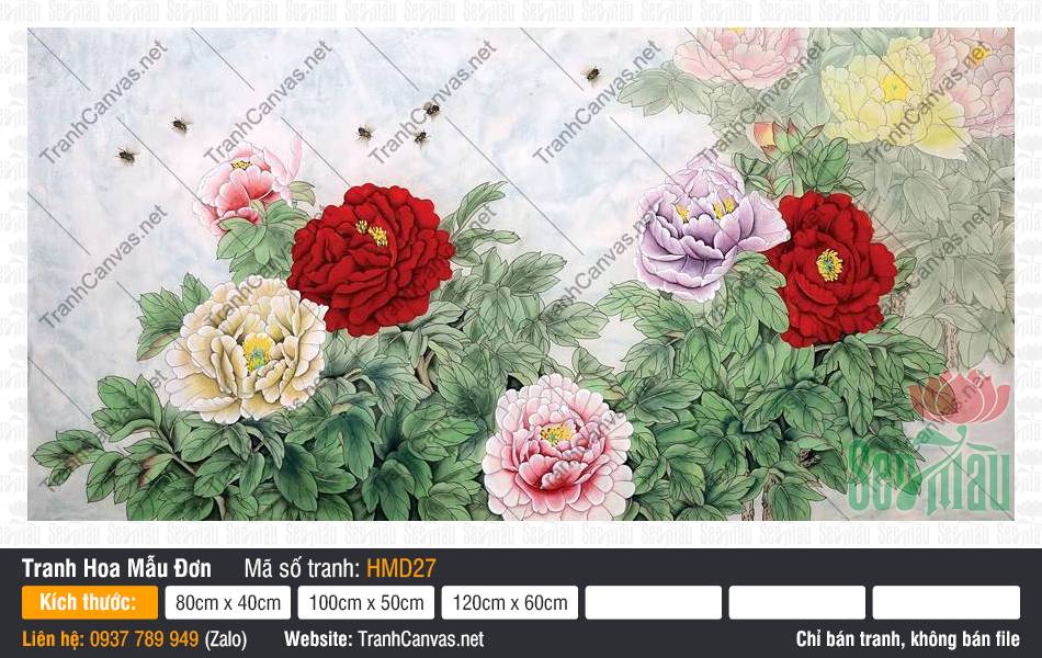 Tranh Hoa Mẫu Đơn Canvas HMD27 Tranh Hoa Mẫu Đơn Canvas HMD27 sắc ngũ hoa rực rỡ đan vòm lá cùng đàn ong