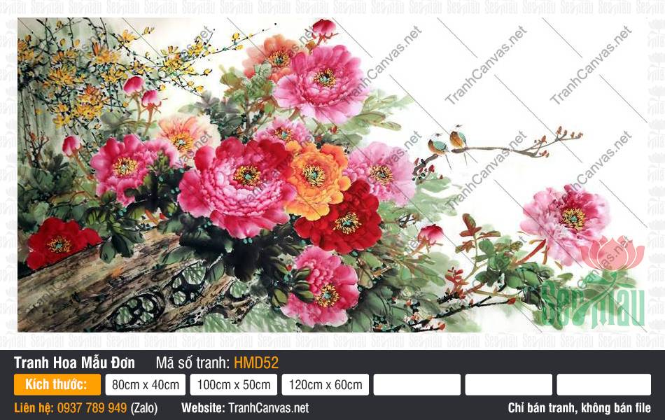 Tranh Hoa Mẫu Đơn Canvas HMD52 Tranh hoa mẫu đơn canvas HMD52 vẽ thủy mặc đa sắc rực rỡ bên cành mai và đôi chim