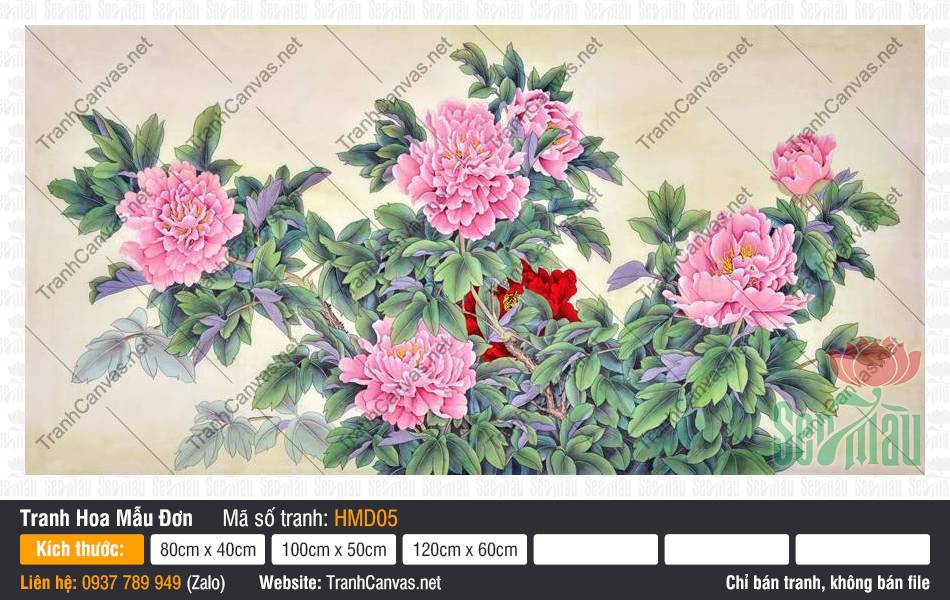 Tranh Hoa Mẫu Đơn Hiện Đại HMD05 Tác phẩm Tranh Hoa Mẫu Đơn Hiện Đại khắc họa những cụm hoa mẫu đơn hồng nở rộ