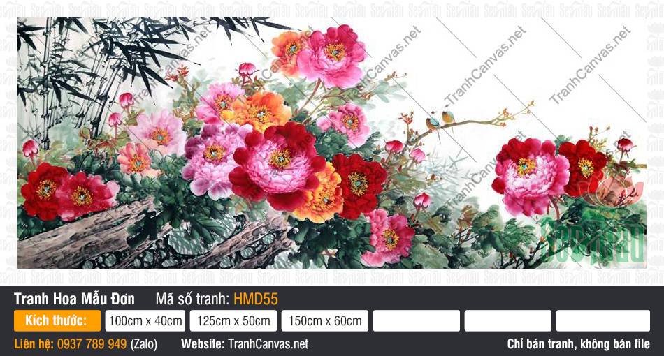 Tranh Hoa Mẫu Đơn Hiện Đại HMD55 Tranh hoa mẫu đơn hiện đại HMD55 đa sắc nở rực rỡ bên khóm trúc xanh