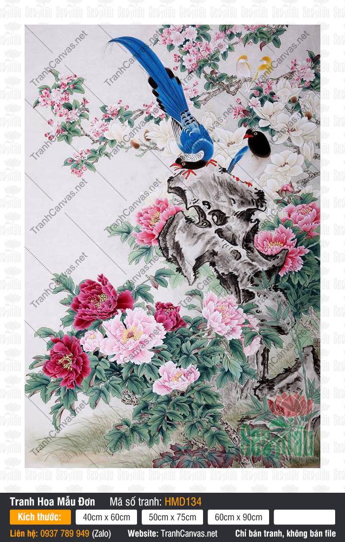 Tranh Hoa Mẫu Đơn Khổ Lớn HMD134 Tranh Hoa Mẫu Đơn Khổ Lớn HMD134 khắc họa đóa hoa đỏ hồng và đôi chim