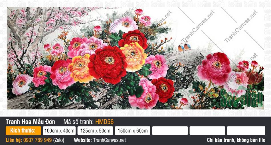 Tranh Hoa Mẫu Đơn Khổ Lớn HMD56 Tranh hoa mẫu đơn khổ lớn HMD56 sắc đỏ vàng rực rỡ bên cành cổ thụ